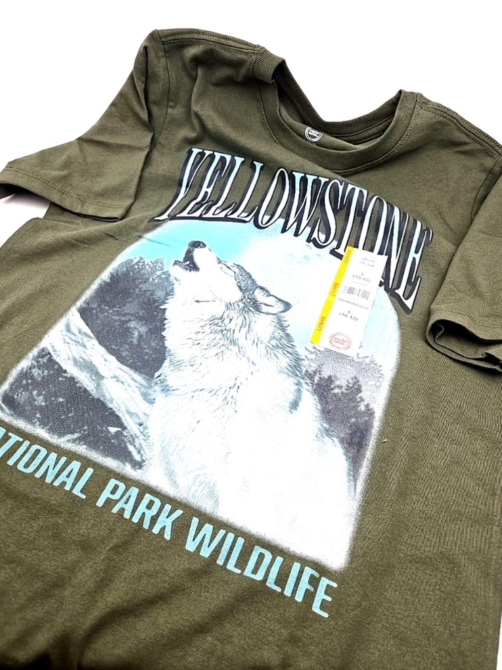 Wonder Nation Yellow Stone T-shirt Size Large 10/12 Wildlife Wolf Short Sleeve
